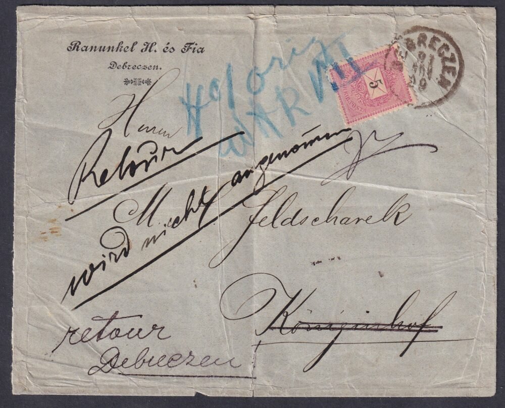 1893. Debreczen, Köningerhof-ba feladott, vissza küldött levél