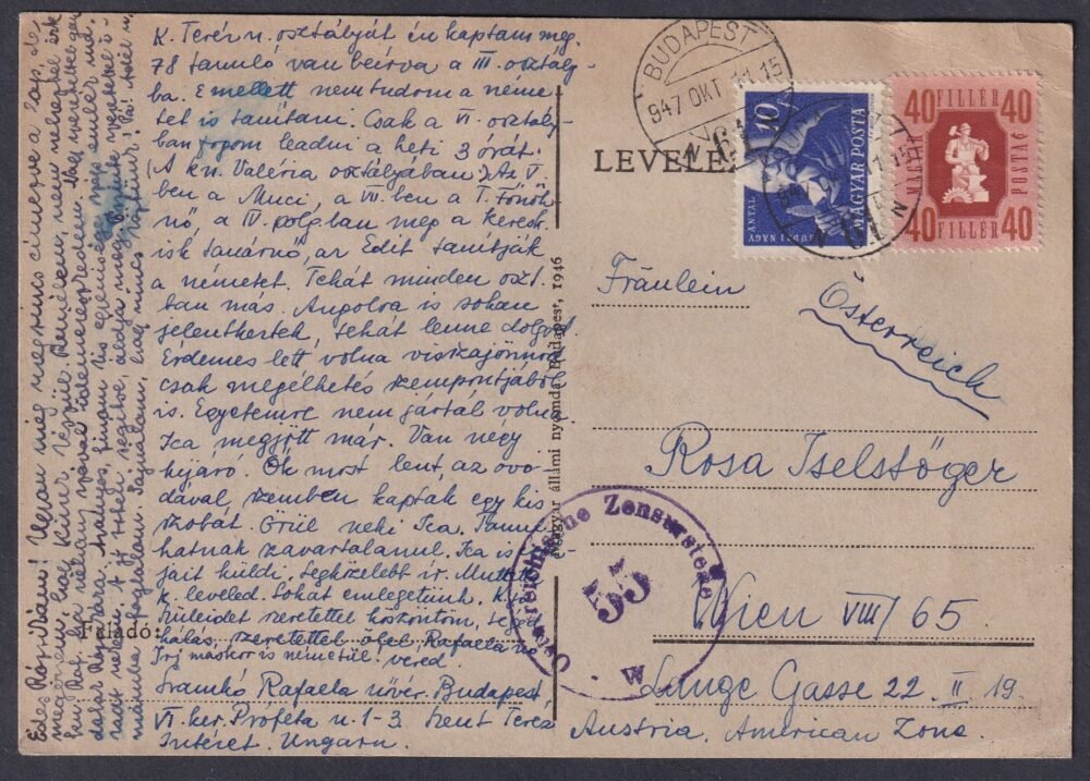 1947. Budapest, Ausztriába (kedvezményes tarifával) feladott cenzúrázott levelezőlap - dekoratív darab!