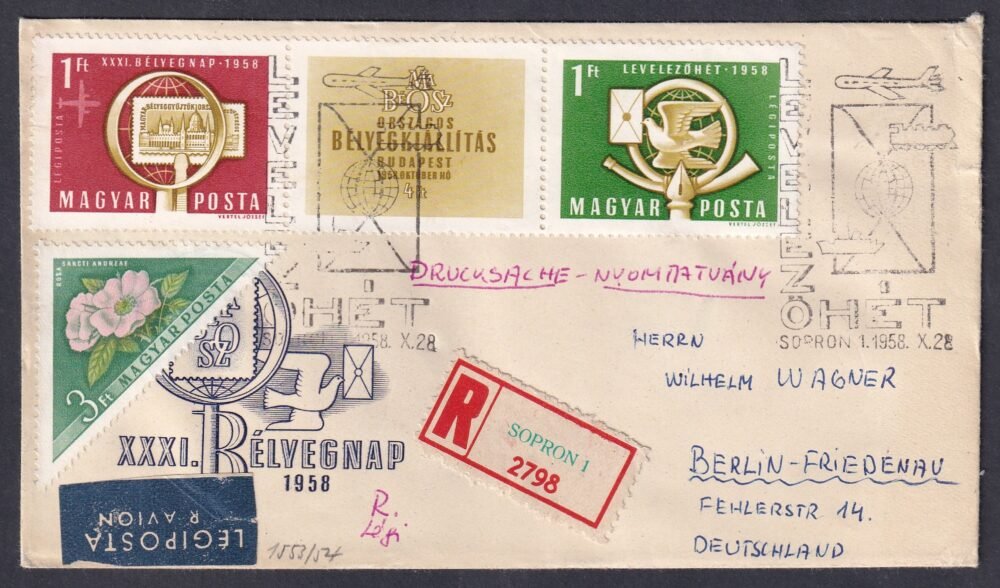 1958. Berlinbe légipostán feladott ajánlott FDC