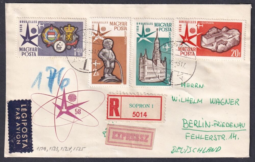 1958. Berlinbe légipostán feladott expressz-ajánlott FDC