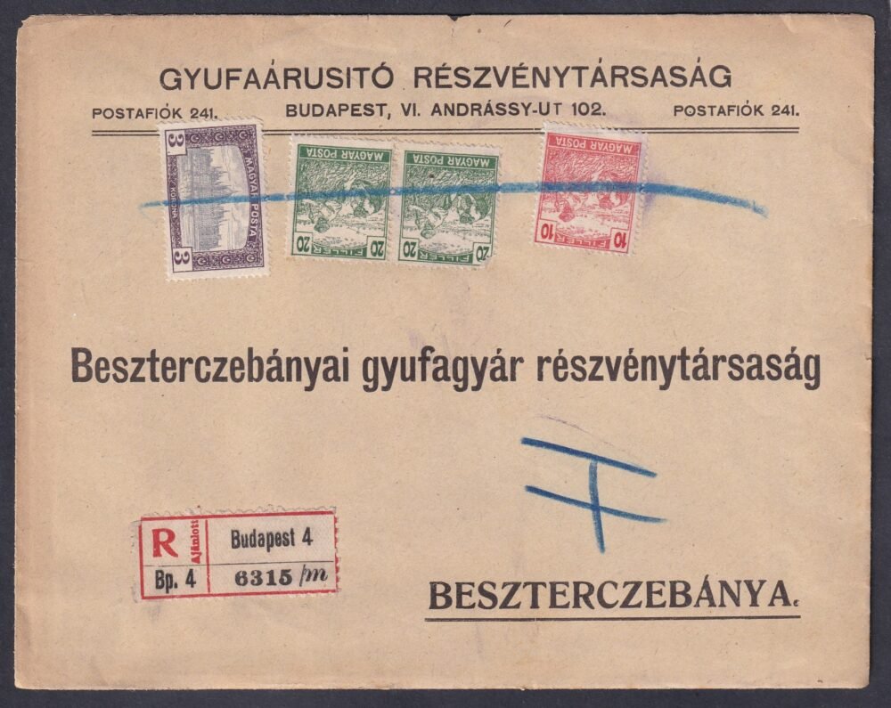 1920. Budapest, Beszterczebányára feladott ajánlott levél, kézi érvénytelenitéssel - teljes tartalommal