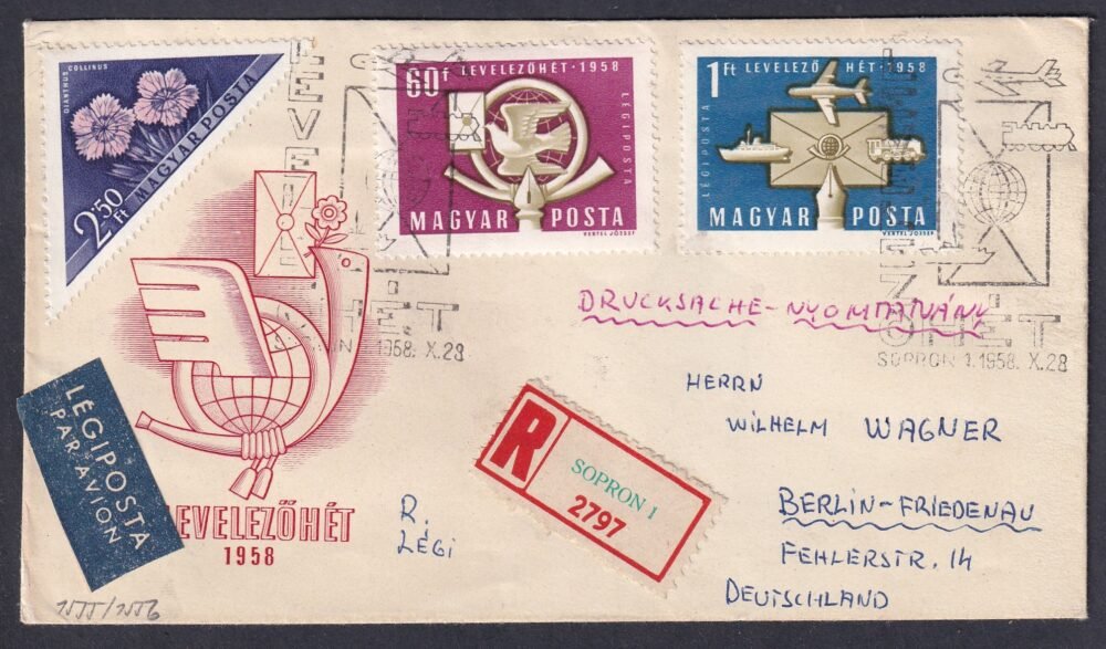 1958. Berlinbe légipostán feladott ajánlott FDC
