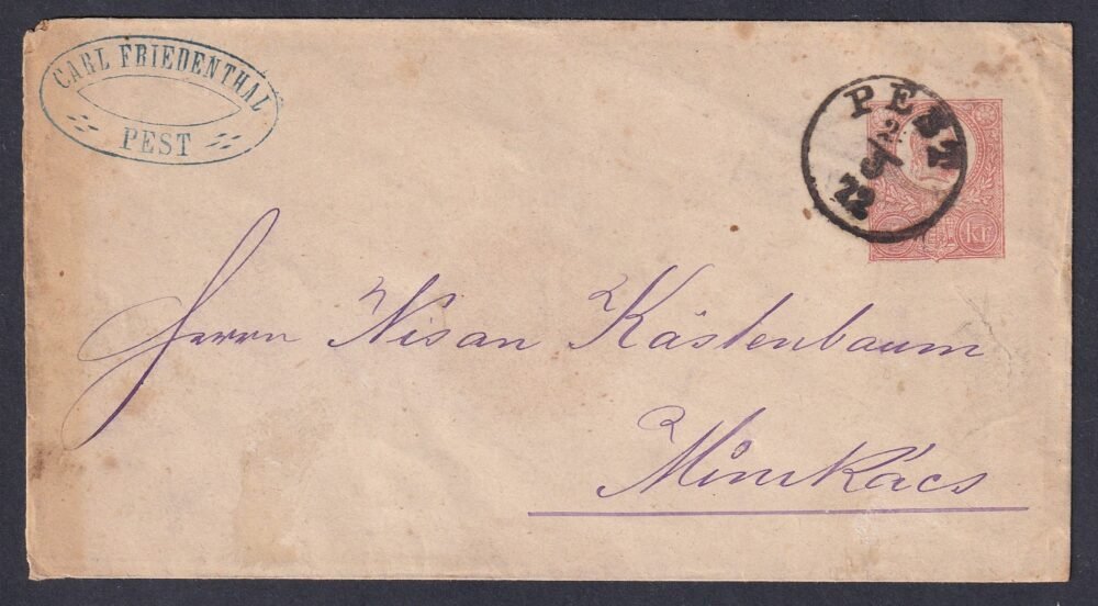 1872. Pécs, Munkácsra feladott 5kr díjjegyes boríték