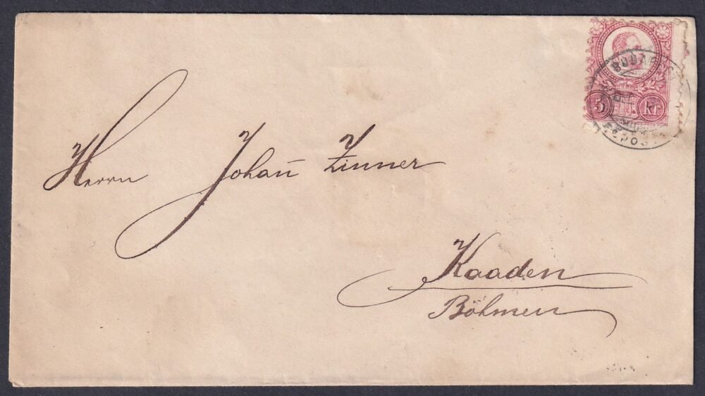 1873. Budapest, Kaaden (Kadaň)-be feladott díjjegyes boriték - WIEN átmenő bélyegzéssel
