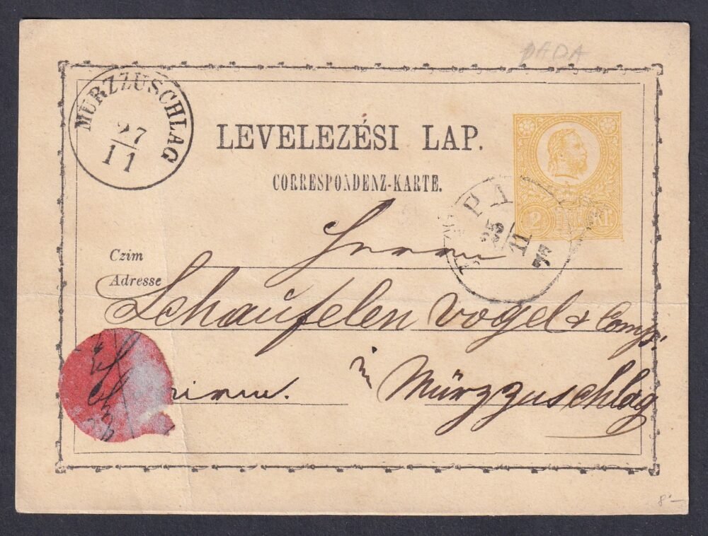 1871. Pápa, Mürzzuschlag-ba feladott díjjegyes levelezőlap