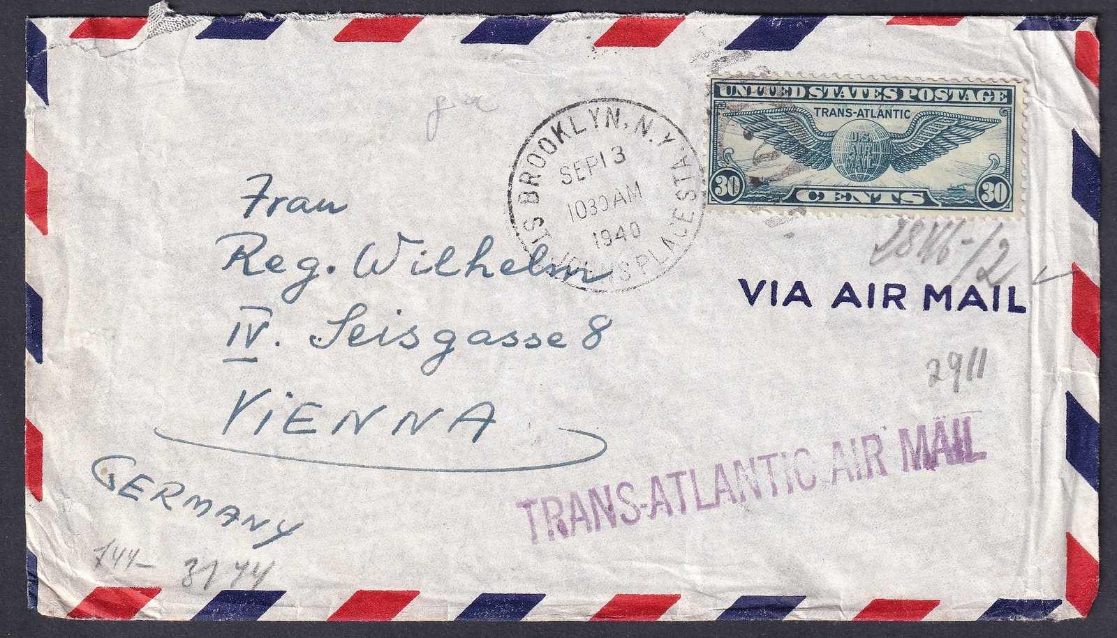 1940. Usa, Bécsbe feladott cenzúrázott légiposta levél