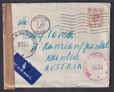 1947. Nagy Britannia, Ausztriába feladott, többször cenzúrázott légiposta levél