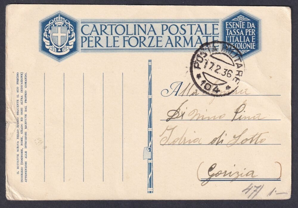 1936. Olasz Királyság, katonai levelezőlap