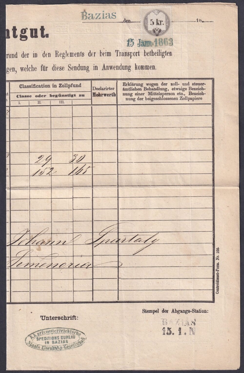1863. Pest–Bázias, vasúti fuvarlevél – élénkzöld Bázas bélyegzésekkel (a kép nem adja vissza a szín valódiságát)