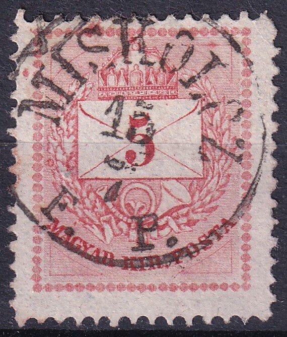 1874. Színesszámú I. 5 kr durván utánmetszet lemezről -MISKOLCZ / F. P. (Gudlin 800 pont) rendkivüli ritkaság, ezzel a bélyegzéssel - I-típusú 5 krajcáros eddig nem ismert!