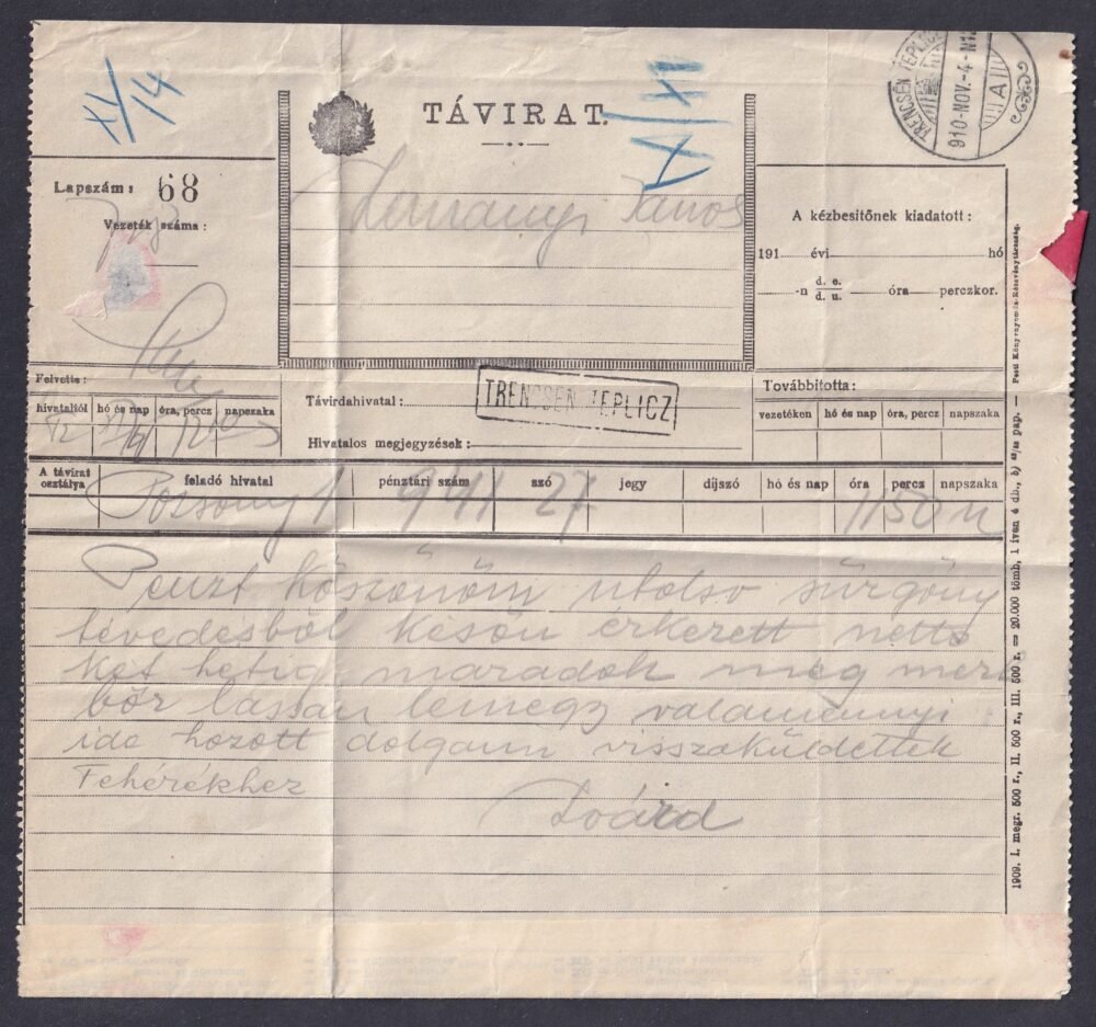1910. TRENCSÉN-TEPLITZ, Távírat