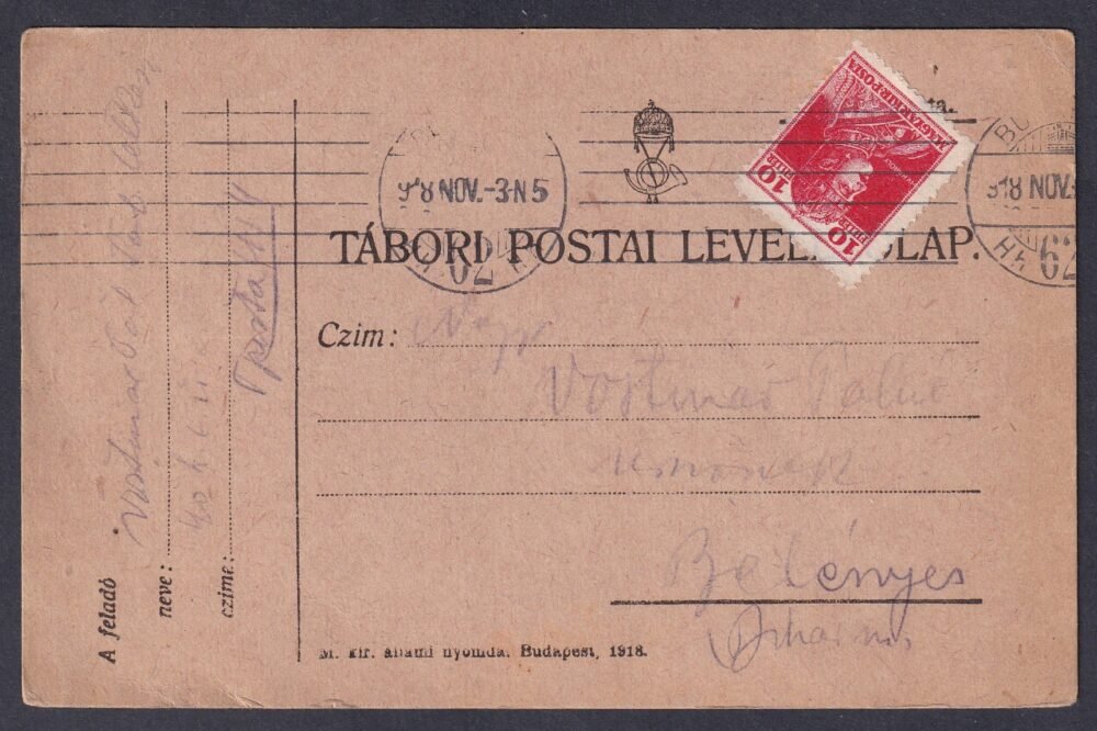 IMG_20250804_0002 1918. Budapest, Belényesre feladott Tábori posta levelezőlep - cívil felhasználásban!