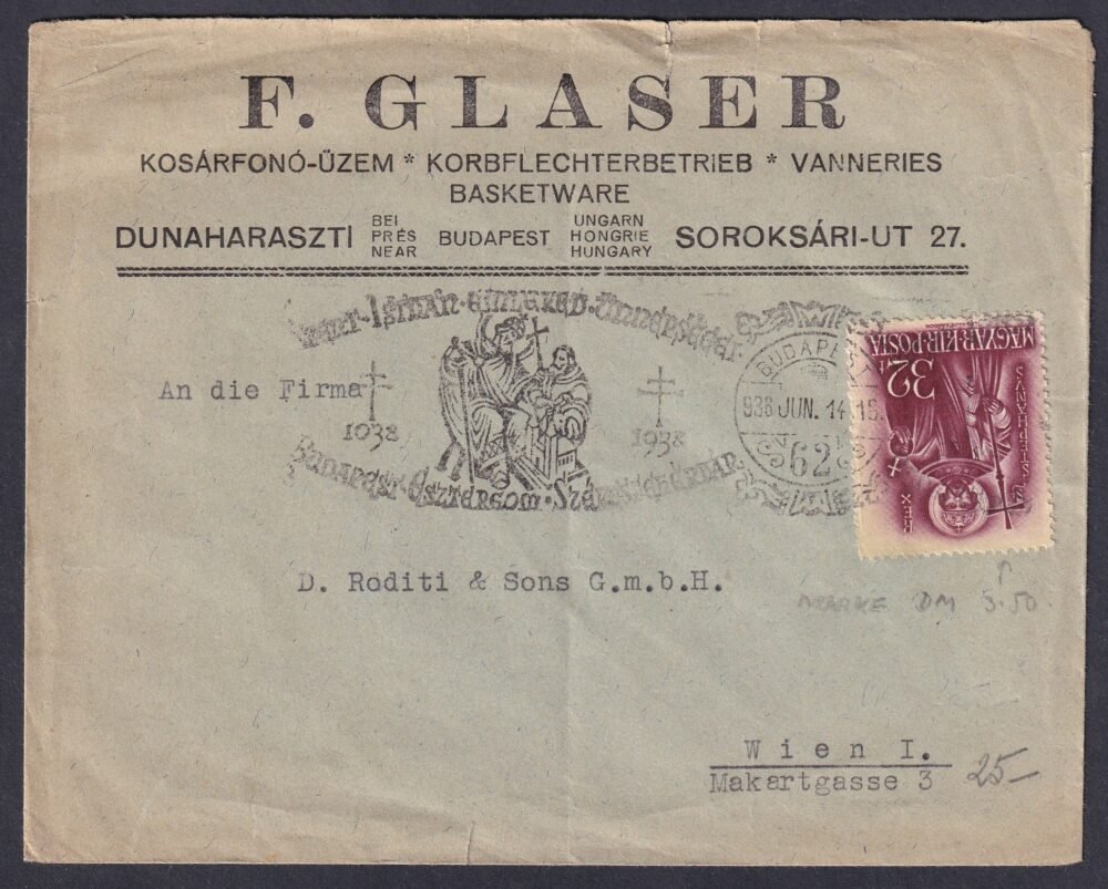 1938. Szent István emlék alkalmi bélyegzéssel, Bécsbe feladott dekoratív céges levél