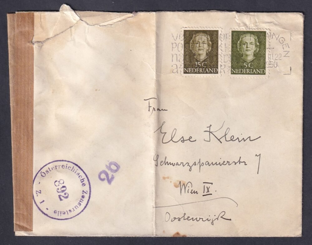 1950. Hollandia, Ausztriába feladott cenzúrázott levél