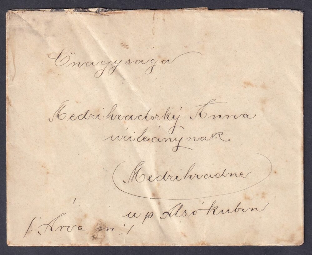 1909. NYUSTYA, Medzihradne (Alsókubin város része)-be feladott levél