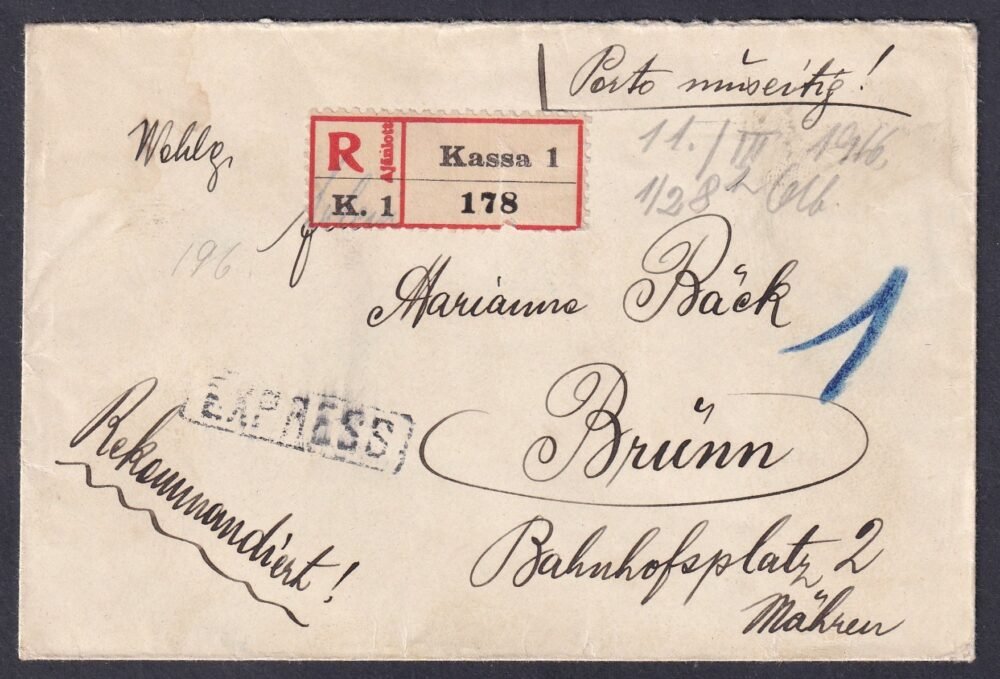 1916. Kassa – Brünnbe feladott ajánlott levél, színes és vegyes Turul feláras bélyegekkel bérmentesítve, Nagyon ritka díjlerovás!