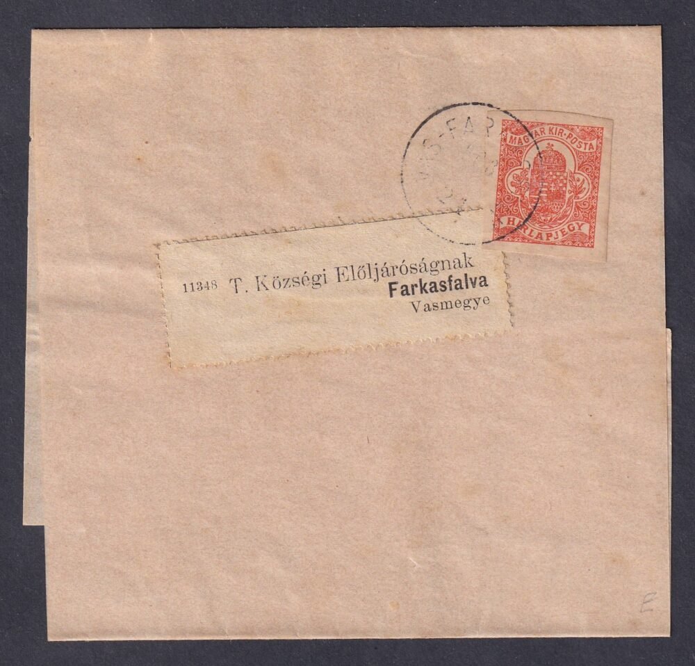1900. teljes újságszalag, FARKASFALVA (Gudlin 250 pont) érkezési bélyegzéssel, Hírlapbélyeg csillagidom vízjellel - különleges darab!