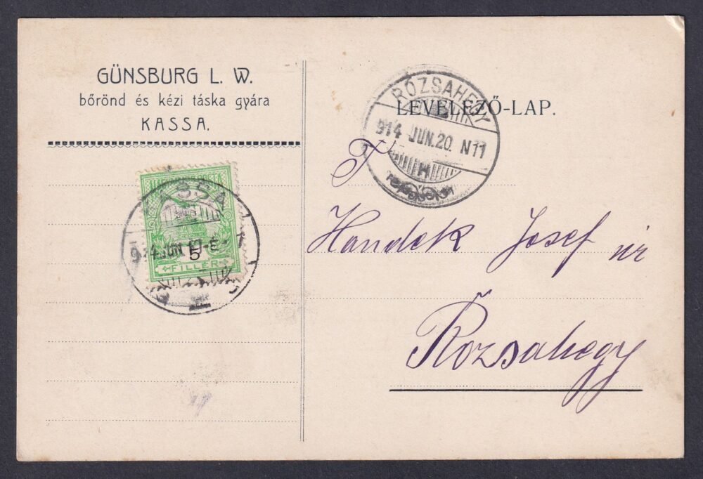 1914. Kassa, Rózsahegy-re feladott céges levelezőlap