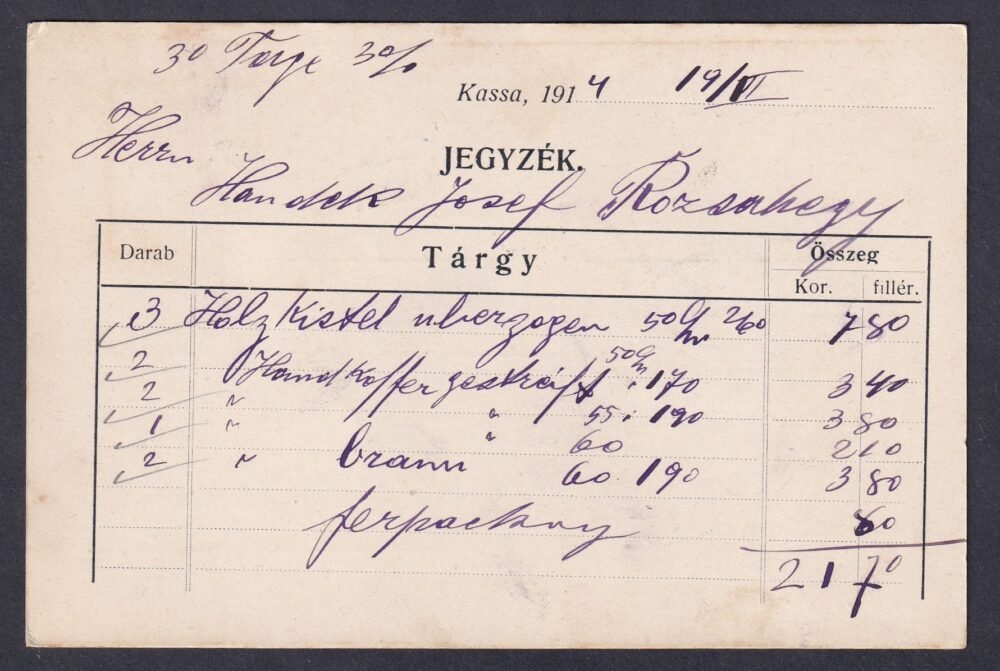 1914. Kassa, Rózsahegy-re feladott céges levelezőlap