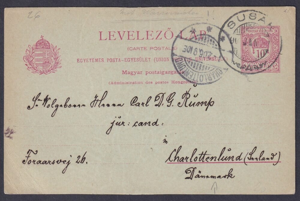 1906. SUŠAK (Fiume városrésze), Charlottenlund (Dánia)-ba feladott (UPU) levelezőlap - ritka darab!