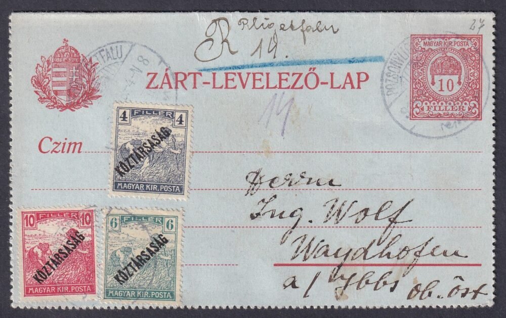 1919. POZSONY-LIGETFALU, Waidhofen an der Ybbs (Ausztria)-ba feladott Zárt-Levelezőlap