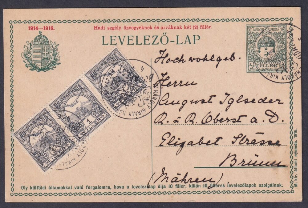 1916. Koronázás alkalmi bélyegzéssel Brünn-be feladott díjkiegészített levelezőlap