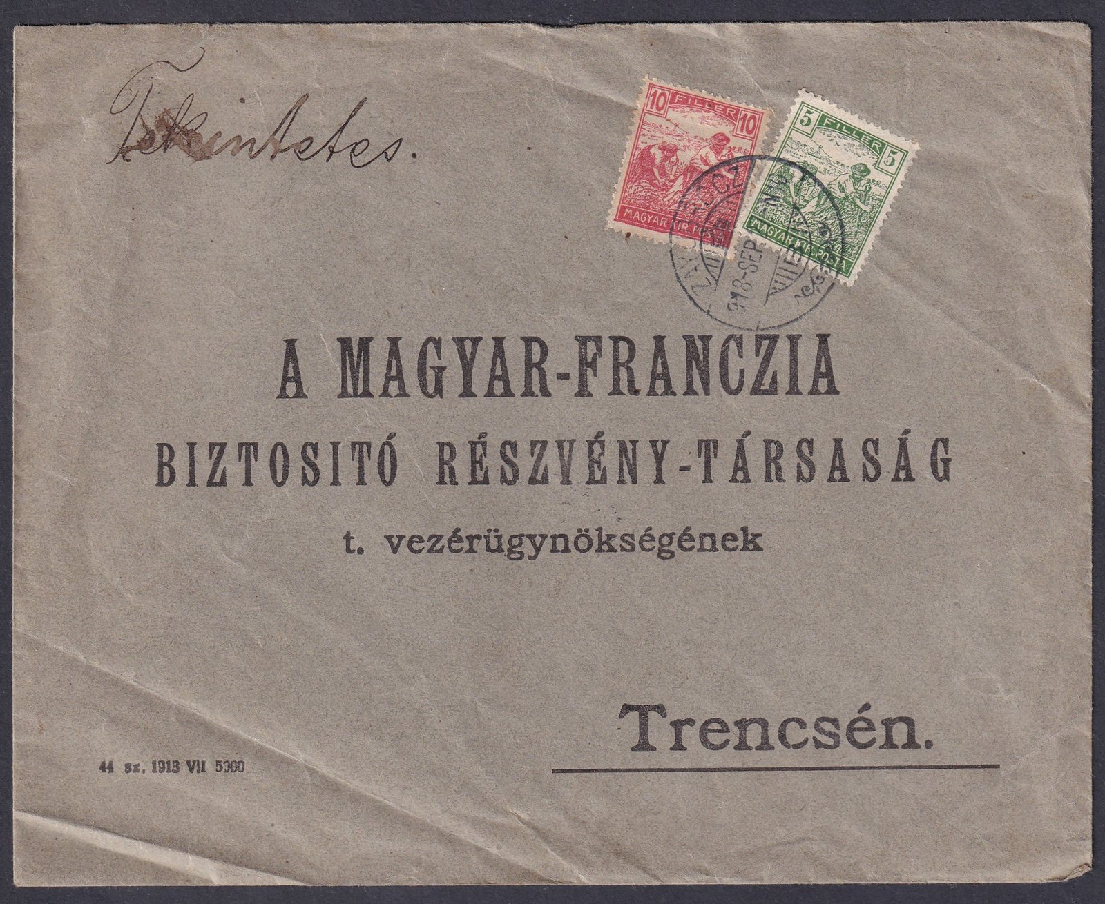 1918. ZAY-UGRÓCZ, Trencsénybe feladott levél