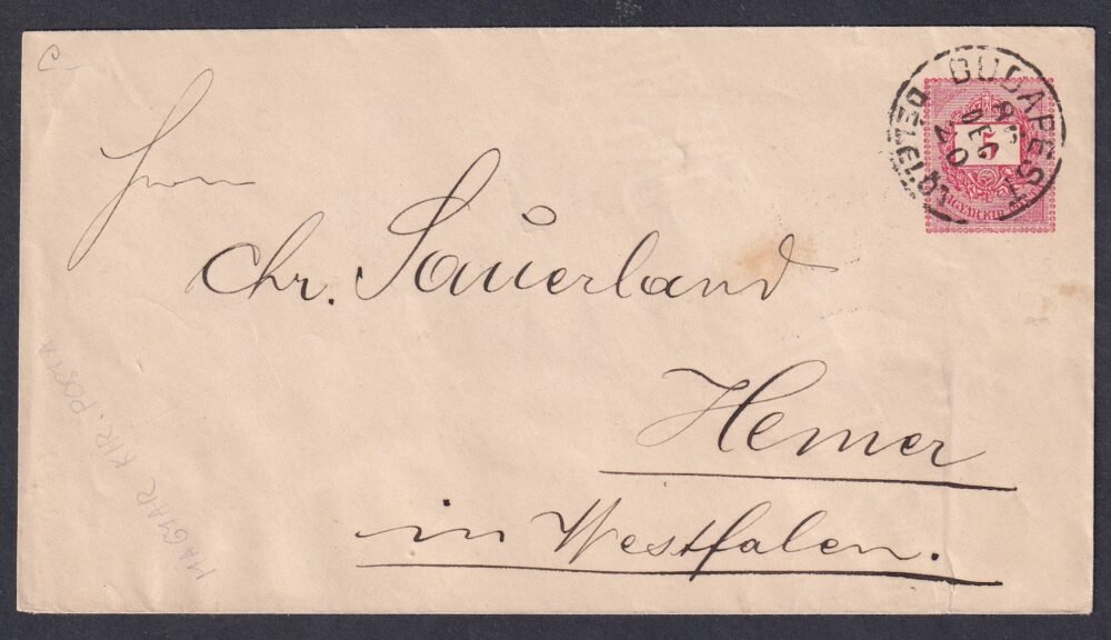 1885. BUDAPEST / DÉLELŐTT, Hemer (Deutsches Reich)-be feladott díjjegyes boríték - kiállítási minőség!