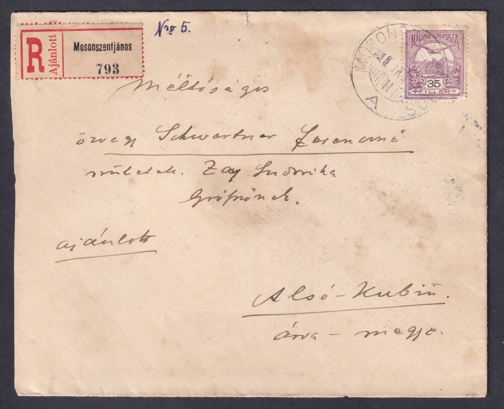 1911. MOSONSZENTJÁNOS, Alsó-Kubin-ra feladott ajánlott levél