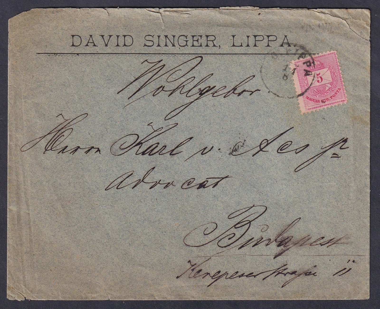 1884. B.LIPPA, Budapestre feladott levél