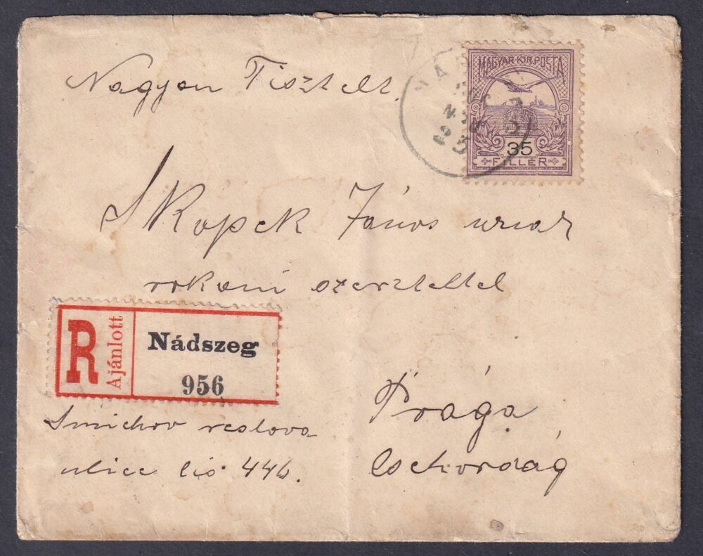 1906. Nádszeg, Prágába feladott ajánlott levél