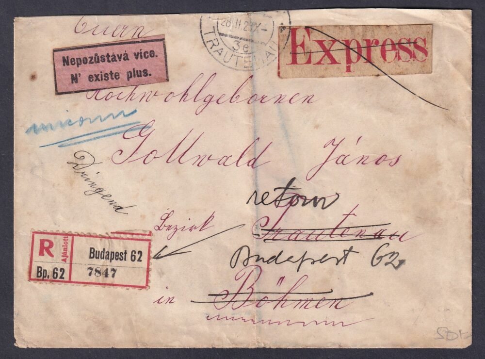 1928.Budapest, Trutnov (Csehszlovákiába feladott expressz-ajánlott levél, sikertelen kézbesítés miatt vissza küldve, látványos postatörténeti darab!
