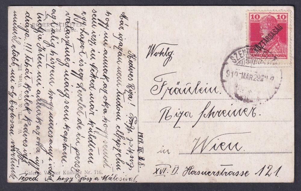 1919. március 29-én Szentgotthárdon feladott képeslap „kivésett korona” bélyegzéssel