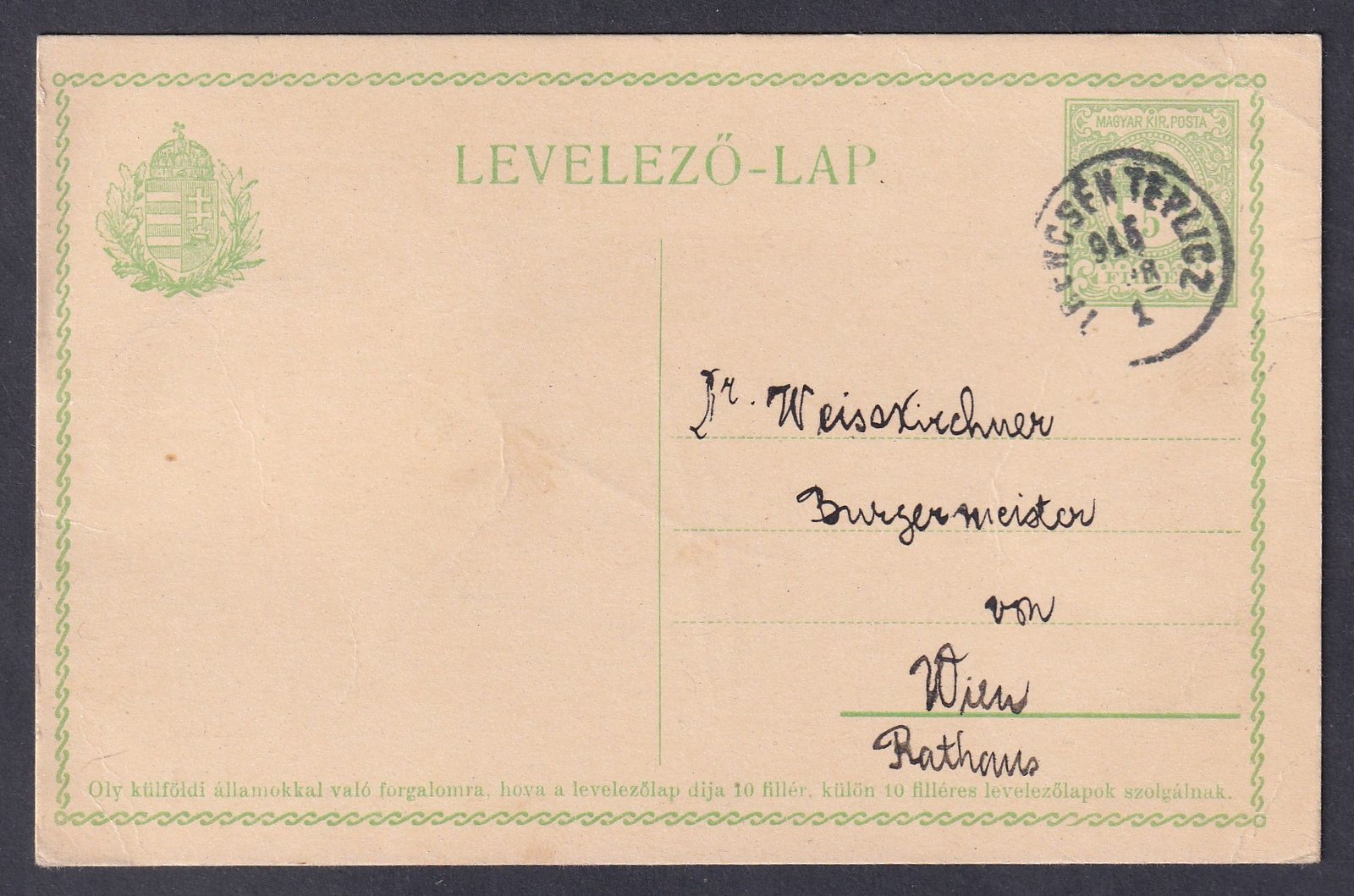 1916. TRENCSÉN-TEPLICZ, Bécsbe feladott levelezőlap