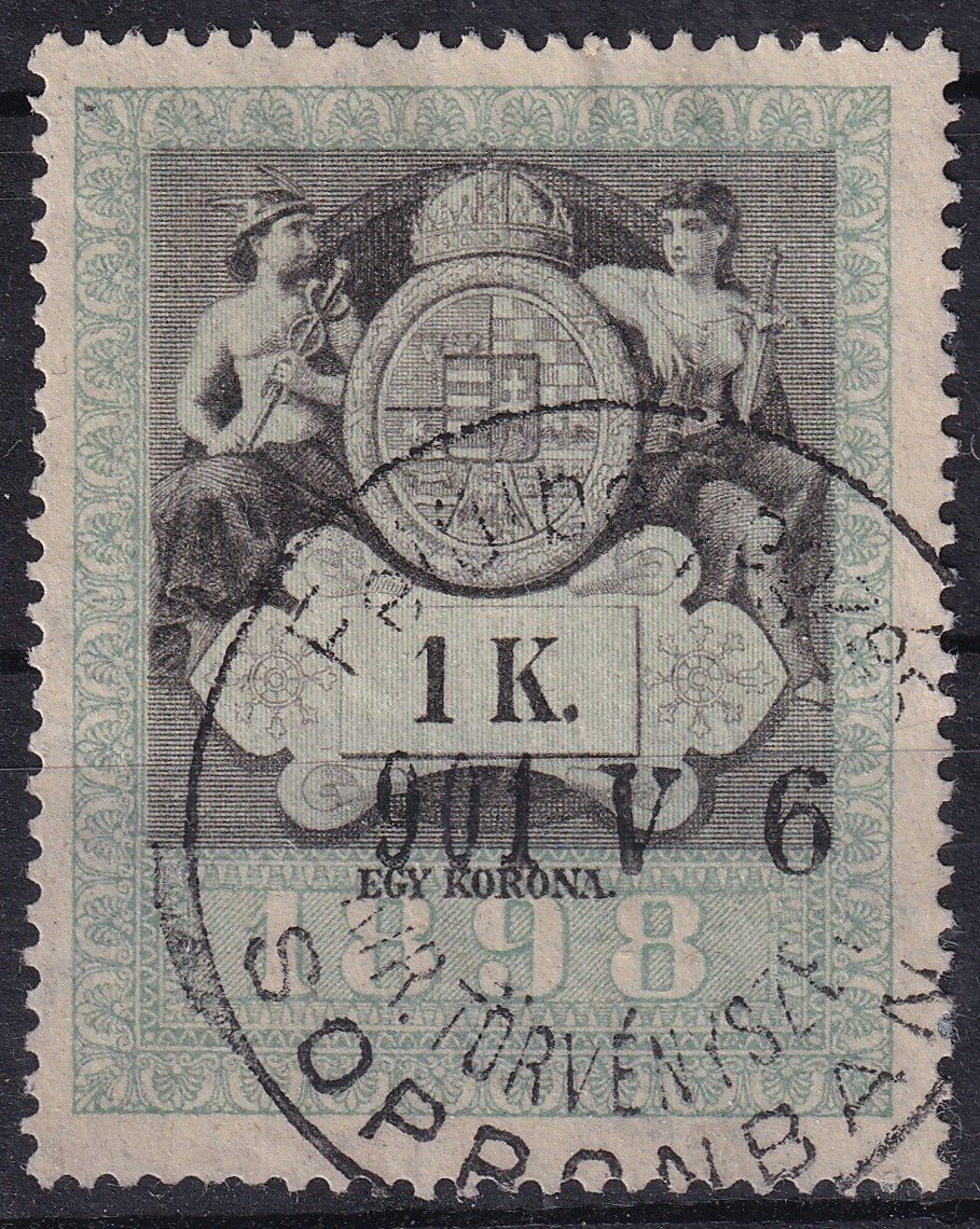1898. évi 1 forintos illetékbélyeg, fésűs fogazással, "Forintos" vízjeles papíron, szép bélyegzéssel: Felülbélyegzés/Kir. Törvényszék/Sopronban