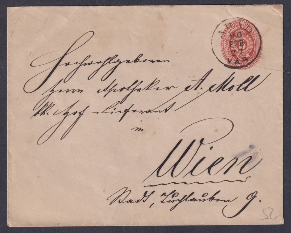 1890. Arad, Bécsbe feladott díjjegyes boríték