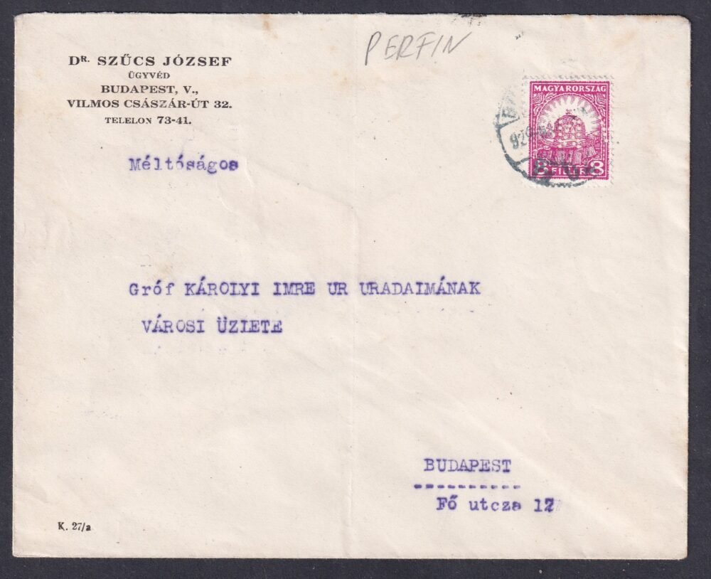 1929. Budapest, helyi feladású levél A.–M. perfin bélyeggel