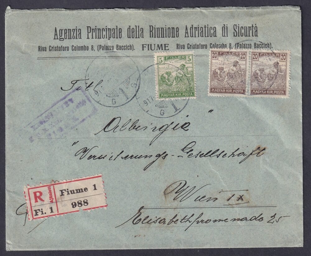 1917. Fiume, Bécsbe feladott cenzúrázott, ajánlott levél