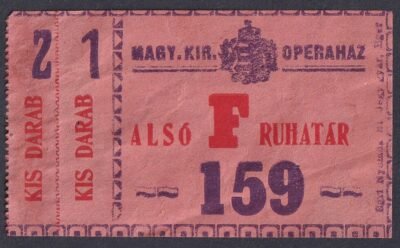 1944. Magyar Királyi Operaház ruhatári jegy