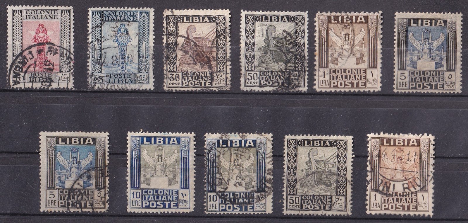 1921. Libia (Olasz gyarmat) használt sor - 2db 10 lirással!!!! (össz. 11 db bélyeg)