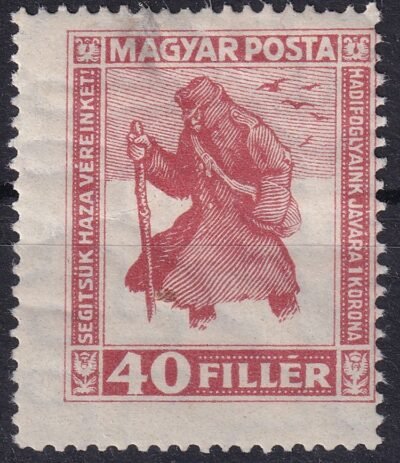 1920. hadifogoly 40 fillér* -álló vízjelel, erősen elcsúszott fogazással