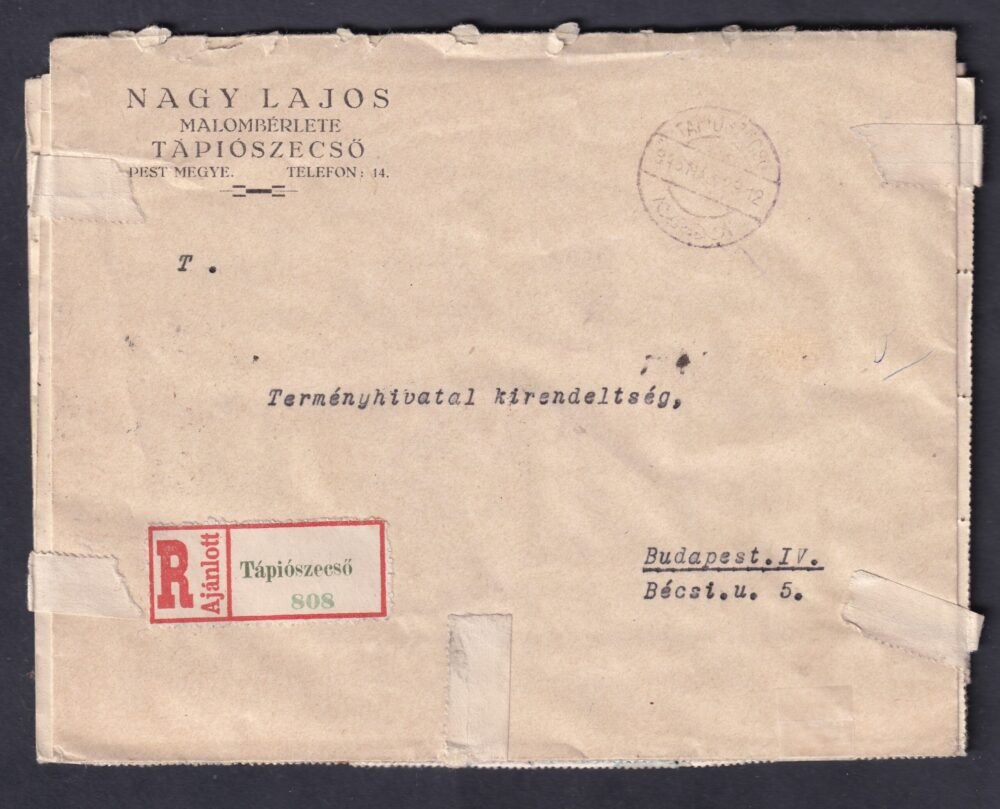 1946. március 29. Tápiószecső, Budapestre feladott ajánlott levél 200 db 1 MP (2 db ív) a borítékohoz mellékelt díjlerovással