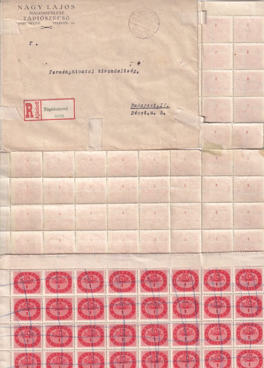 1946. március 29. Tápiószecső, Budapestre feladott ajánlott levél 200 db 1 MP (2 db ív) a borítékohoz mellékelt díjlerovással - Image 3