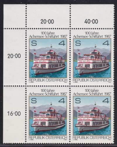 1987. Ausztria, 100 éves az Achensee-i hajózás, ívsarki négyestömb