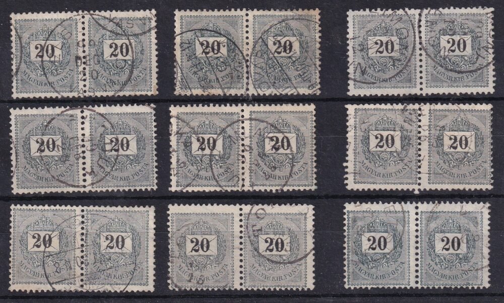 Színárnyalat-gyűjtemény (9 db) – 1898. Feketeszámú 20 krajcár, párokban