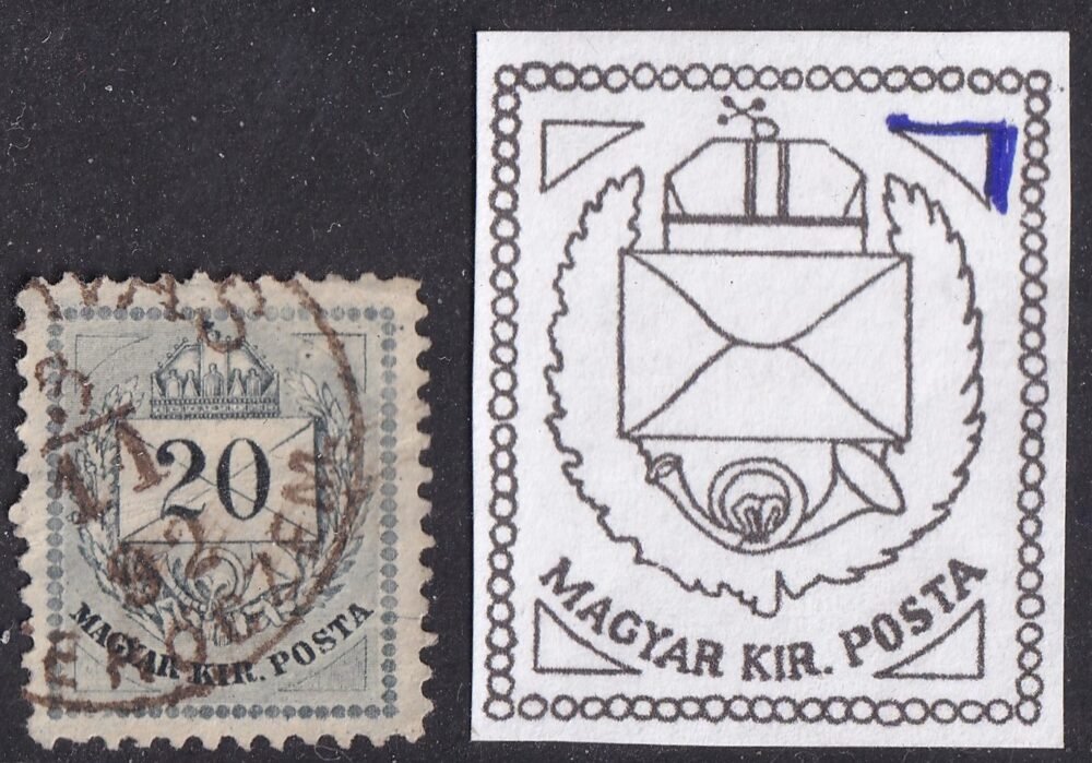 1881. Színesszámú 20 kr – látványos metszetjavítás a jobb felső háromszögben