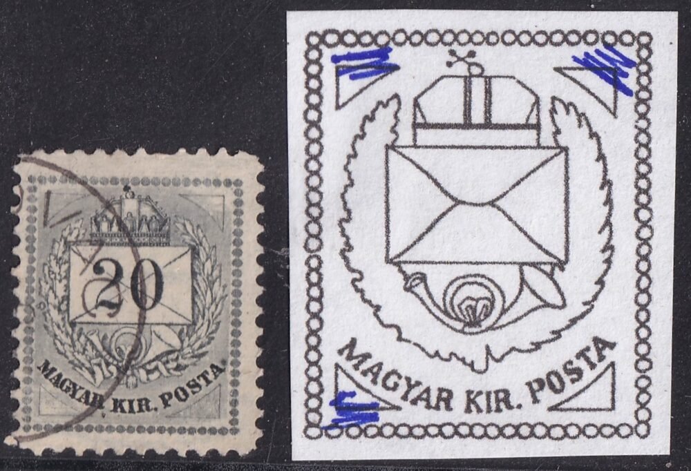 1881. Színesszámú 20 kr – lemezkopás nyomai a sarkokban, színes folt a "POSTA" mellett