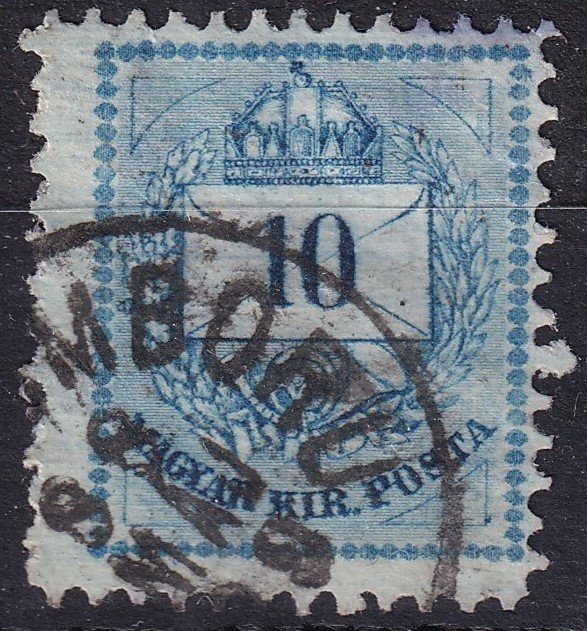 1881. 10kr “tüllcsíkozás” a boríték rajzában – (a lemez felületén a törlésre használt, túl szennyezett tüll csíkokat hagyott)