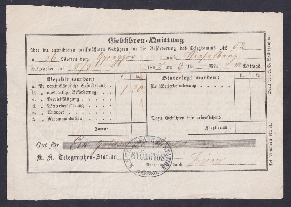 1867. március 5. Gyöngyösön Misslitz-re feladott Távírdai díjbefizetési nyugta (az OPM időszak utólsó heteiből) - kiállítási minőség!