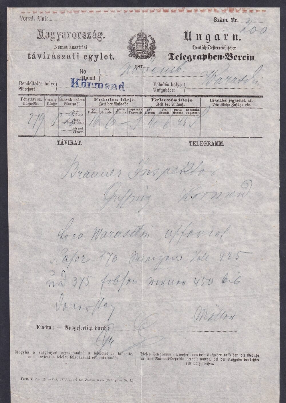 1874. Magyarország–Német–Ausztriai távirászati egylet / Ungarn. Deutsch-Österreichischer Telegraphen-Verein - Távírat